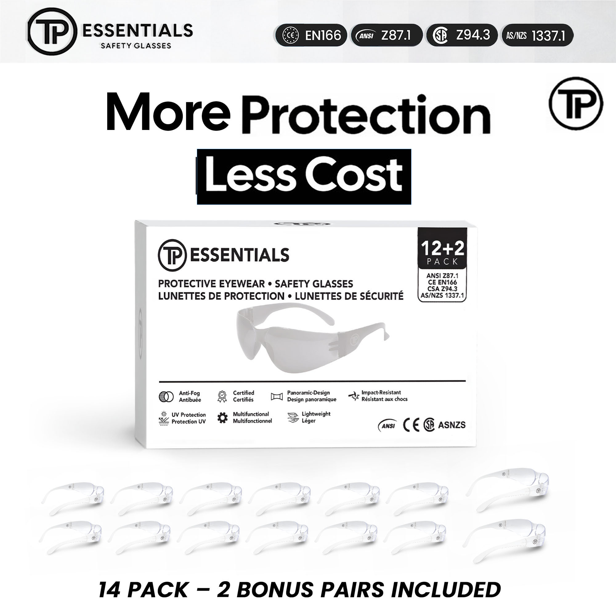 Safety Glasses CSA Z94.3 ANSI Z87.1 CE EN166 AS/NZS 1337.1 Certified – Pack of 14 Anti Fog UV Protection