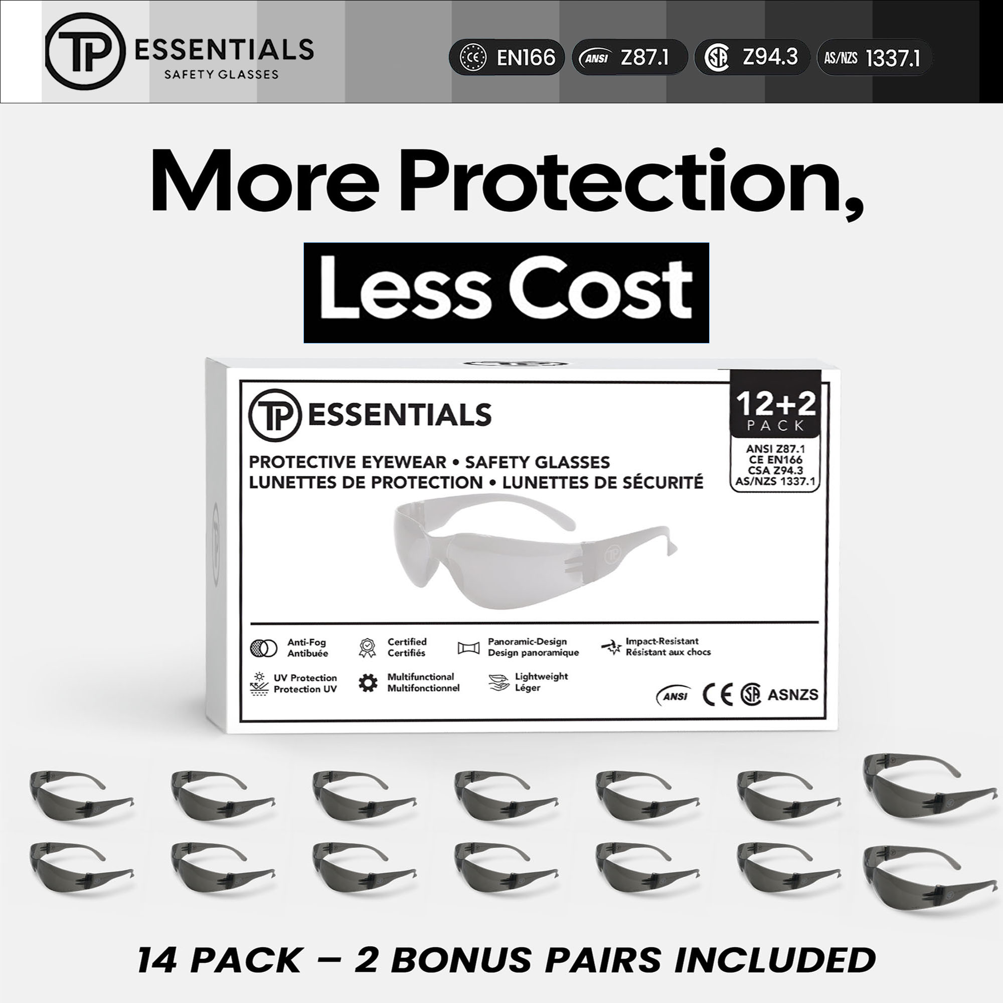 Safety Glasses - ANSI Z87.1 - CE EN166 Certified - pack 14 Anti Fog Anti UV for Construction/Lab/DIY