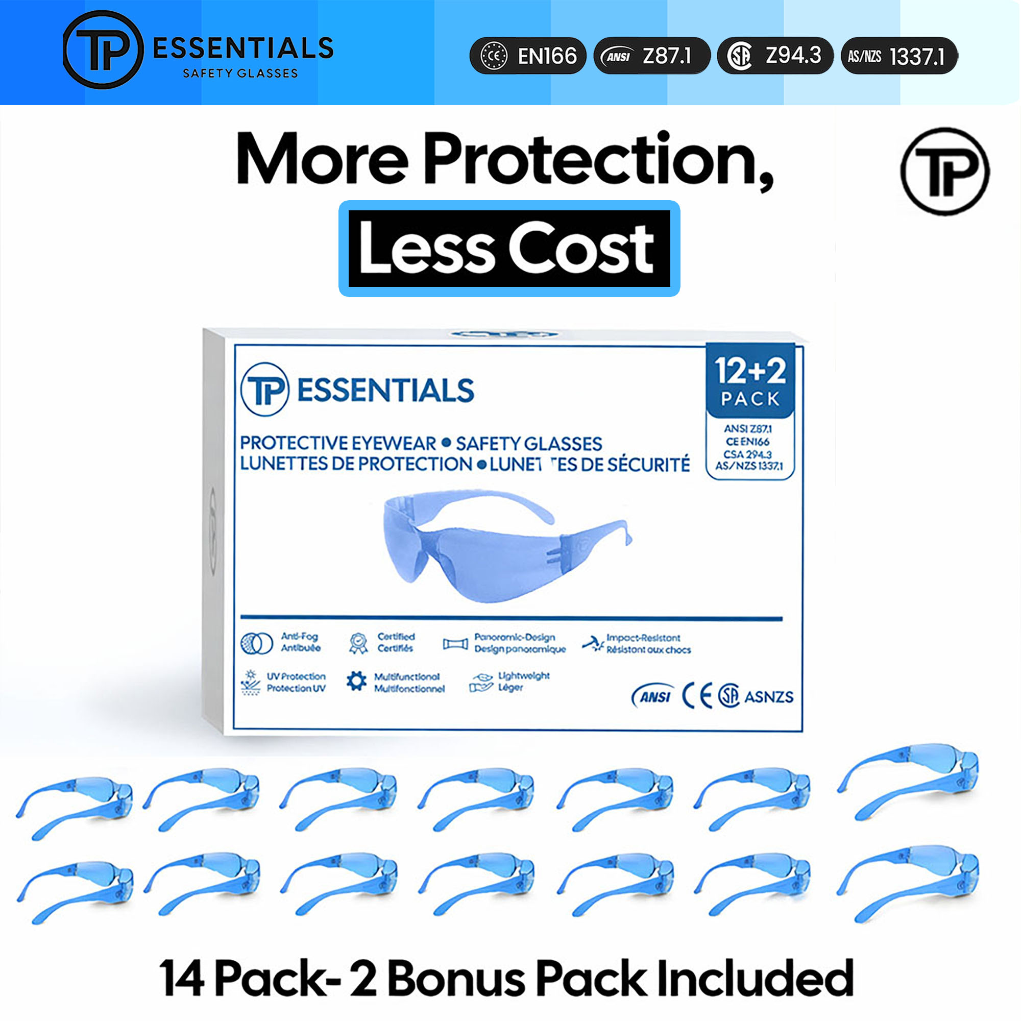 Safety Glasses CSA Z94.3 ANSI Z87.1 CE EN166 AS/NZS 1337.1 Certified – Pack of 14 Anti Fog UV Protection